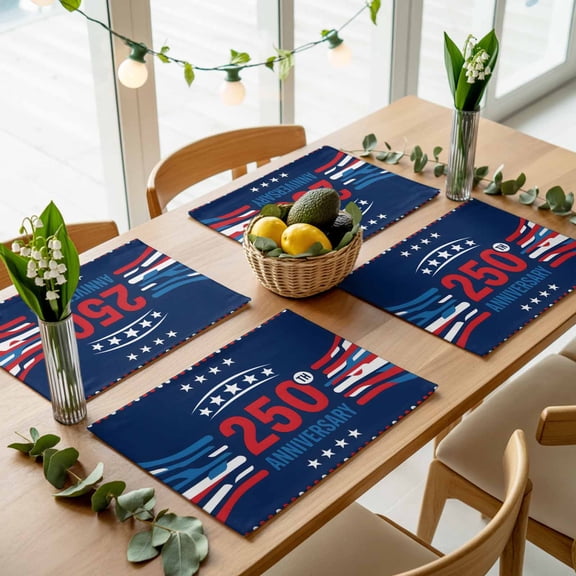 250th Anniversary Navy Blue Placemats Set of 4,Wipeable Washable Table Mats for Dining Tables, Red White Wave Points Place Mats for Kitchen Event Party Tabletop Decor