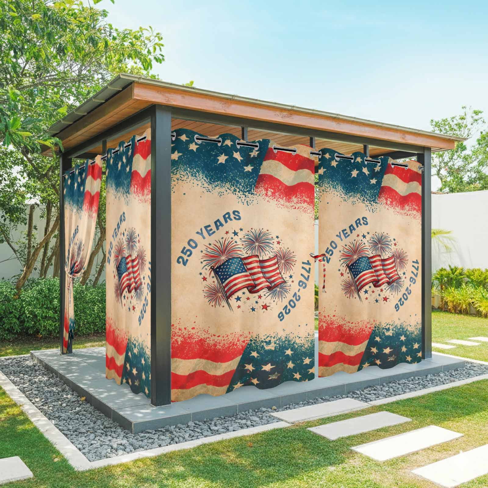 250th Anniversary Outdoor Curtains for Patio, Independence Day Firework American Flag Retro Sunshade Privacy Drapes Grommet Waterproof Outside Curtains for Porch/Cabana/Balcony 54"x 108", 1 Panel