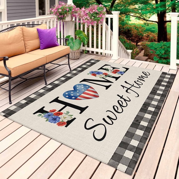 250th Anniversary Outdoor Rug for Patio/Deck/Porch, Non-Slip Large Area Rug 5 x 7 Ft, Beige Home Sweet Black Plaid Indoor Outdoor Rugs Washable Area Rugs, Reversible Camping Rug Carpet Runner