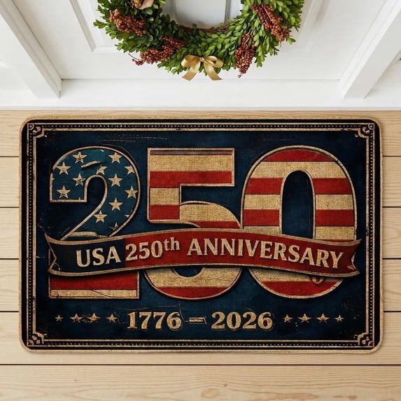 250th Anniversary Patriotic Door Mat, USA Front Door Mat Outdoor Non Slip Dirt Trapper Doormat, Vintage Red Independence Decor for Entryway Kitchen Porch