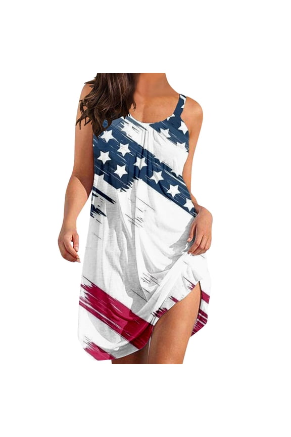 250th Anniversary Patriotic Dress for Women 4th of July Print Spaghetti Strap Beach Casual Tank Dresses White L