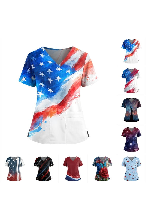250th Anniversary Patriotic Flag Scrubs Top for Women - V-Neck Short Sleeve Medical Uniform with Double Pockets, Side Slit Nursing Workwear Light Blue L
