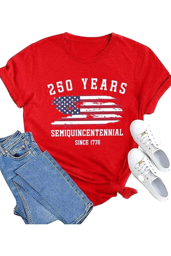 250th Anniversary Patriotic Shirts Women American Flag Shirt 4th of July Tee Tops Round Neck Short Sleeve Summer T-Shirt Large