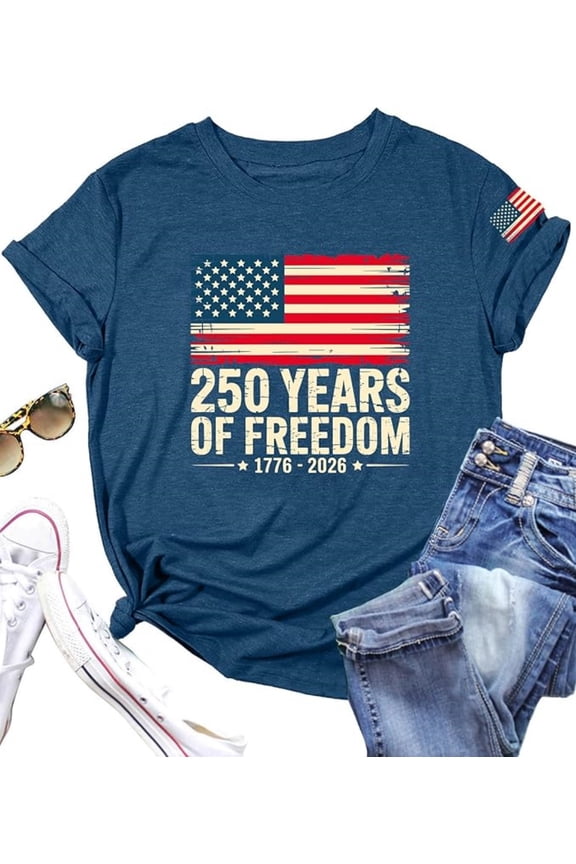 250th Anniversary Patriotic Shirts Women American Flag Shirt 4th of July Tee Tops Round Neck Short Sleeve Summer T-Shirt X-Large