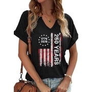 250th Anniversary Patriotic Shirts Women American Flag Shirt 4th of July Tee Tops V-Neck Short Sleeve Summer T-Shirt Large
