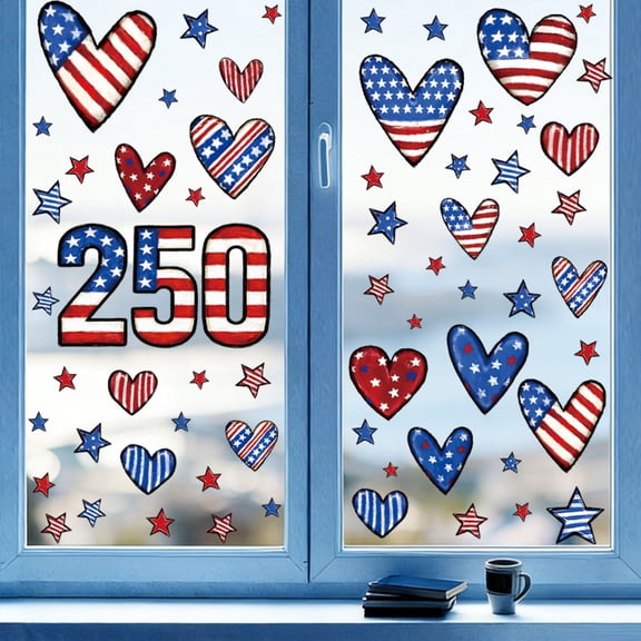 250th Anniversary Patriotic Window Clings - USA 250 Independence Day Decorations with American Flag Hearts and Stars - Reusable Static Vinyl Decals for Windows