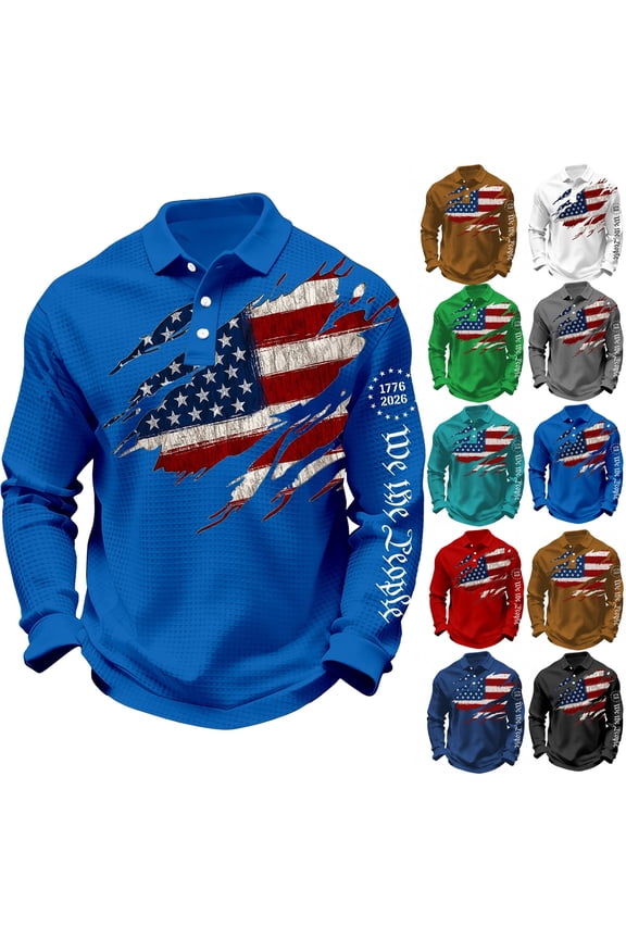 250th Anniversary Polo Shirts for Men 1776-2026 USA Flag Graphic Waffle Long Sleeve Button Collar Patriotic Golf Tops 2026 Navy L