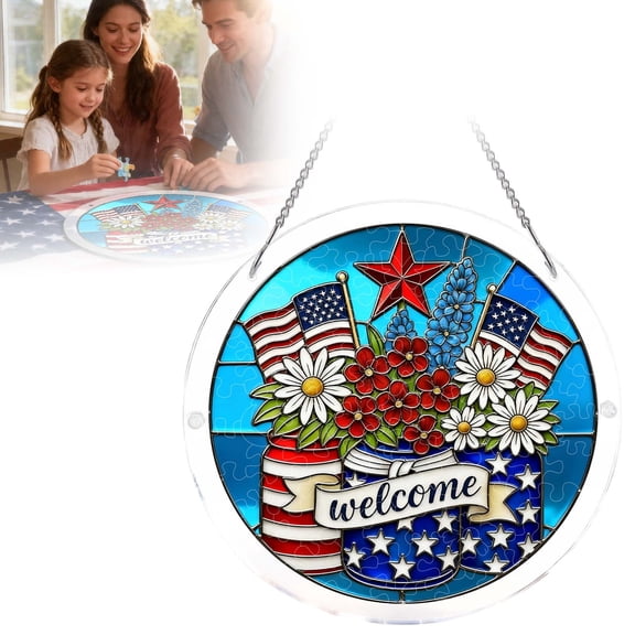 250th Anniversary Puzzle Suncatcher, 83 Pieces Acrylic Stained Glass Jigsaw Decoration for Window, 4th of July Wall Hanging Ornament for Independence Day, Creative Commemorative Craft Gift
