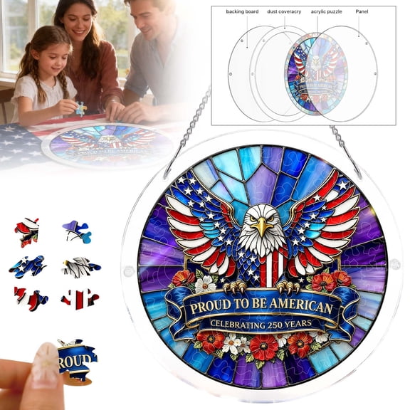 250th Anniversary Puzzle Suncatcher, 83 Pieces Acrylic Stained Glass Jigsaw Decoration for Window, 4th of July Wall Hanging Ornament for Independence Day, Creative Commemorative Craft Gift