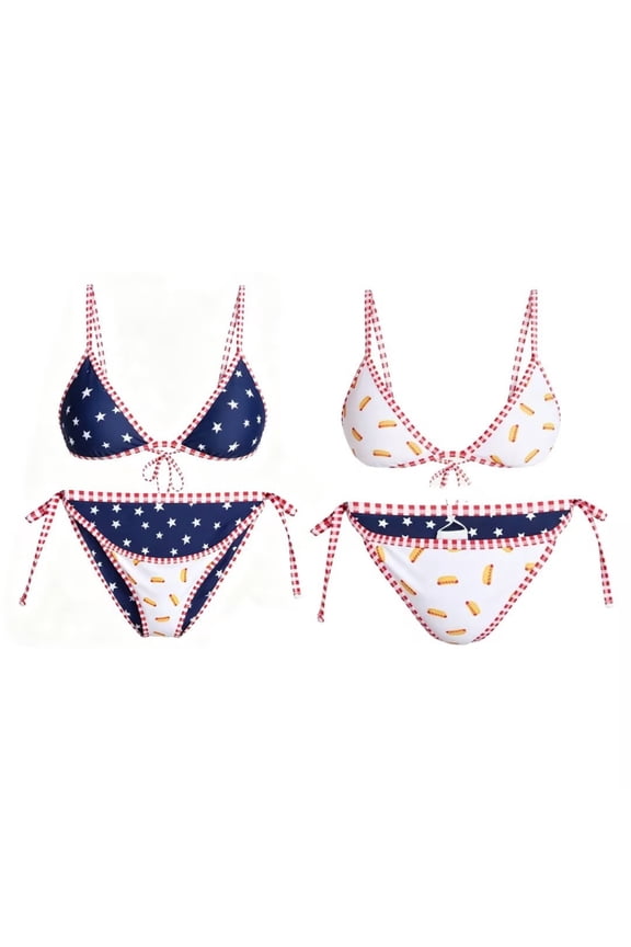 250th Anniversary Reversible Bikini Set, Star & Hot Dog Print Triangle Halter 2 Piece Swimwear (Bikini Set , S)