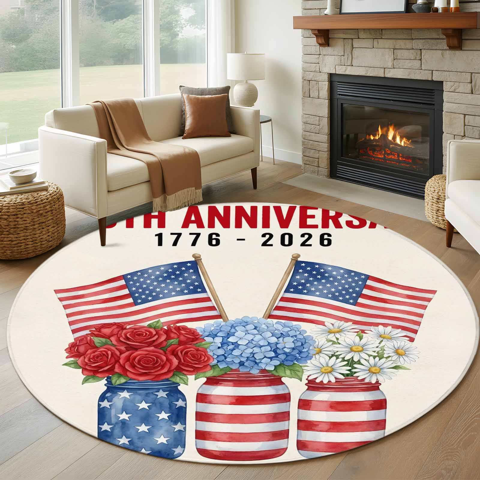Democrat Rug 250th Anniversary Round Rugs for Living Room 6ft Patriotic Floral USA ...