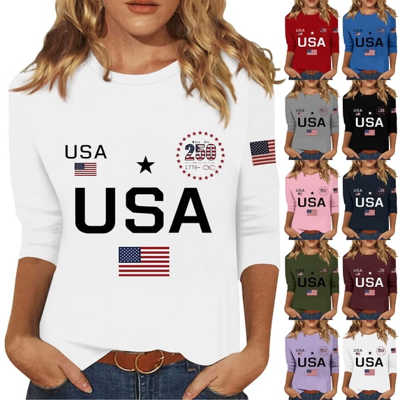250th Anniversary Shirts for Women 2026 - Patriotic USA Flag Crew Neck 3/4 Sleeve Tee - 1776-2026 Independence Day Graphic Top Black L