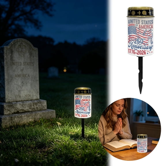 250th Anniversary Solar Cemetery Memorial Light, Flameless Statue Candle Stake Lamp, Waterproof All Seasons Grave Decor with Warm Light for Tombstone Garden Patio