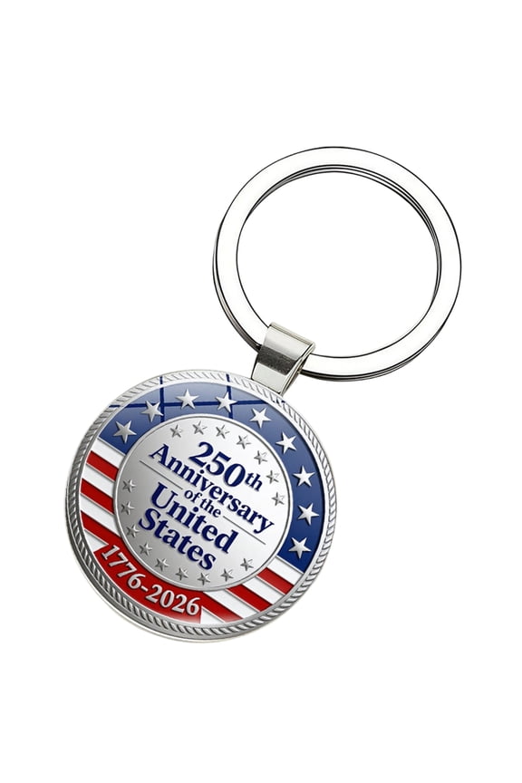 250th Anniversary Stainless Steel Keychain, 1.5 Inch Circular Charm with Stars, USA Patriotic Souvenir Key Ring for Memorial, 1 Pc