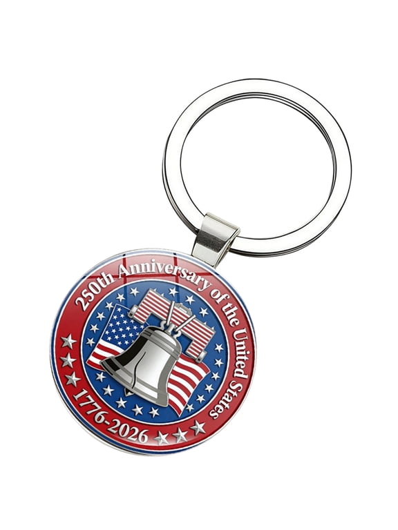 250th Anniversary Stainless Steel Keychain, 1.5 Inch Circular Charm with Stars, USA Patriotic Souvenir Key Ring for Memorial, 1 Pc