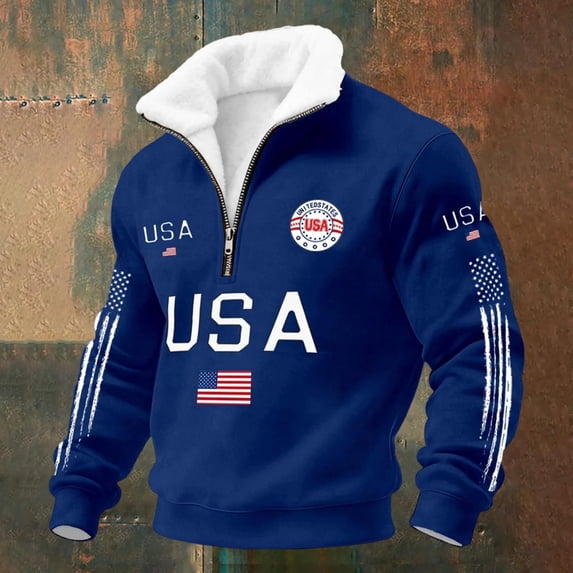 250th Anniversary Sweatshirts Long Sleeve Usa Flag Print Stand-Up Collar 1/4 Zipper Sweatshirts Patriotic Retro Top