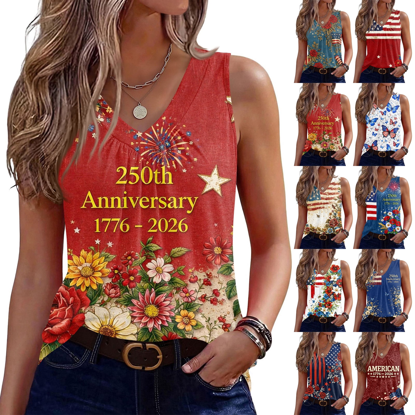250th Anniversary Tank Top for Women - Patriotic Fireworks & Floral V ...
