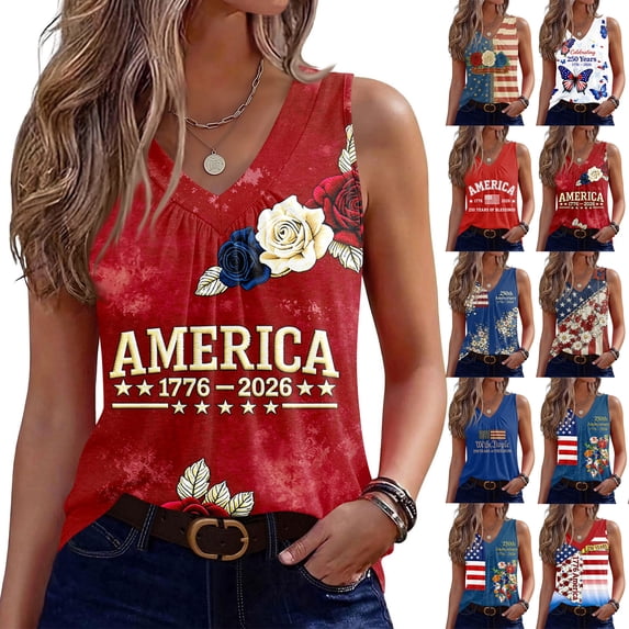 250th Anniversary Tank Top for Women - Patriotic V-Neck Sleeveless Top with Flag Print - 1776-2026 America Graphic Pleated Tank - Summer Casual Loose Fit Tunic Deep Red XL
