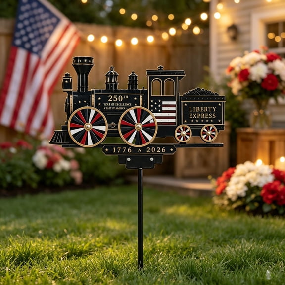 250th Anniversary Train Garden Stake Wind Spinner, 36" Patriotic USA Metal Yard Ornament, Vintage Liberty Express Decor for 4th of July Outdoor Lawn Patio