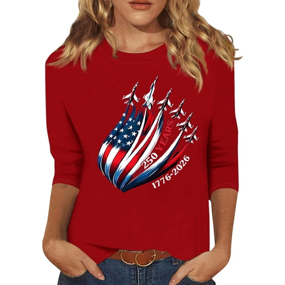 250th Anniversary USA 3/4 Sleeve Shirts, Women 4th of July 1776-2026 Printed T-Shirt, Patriotic Tops for Holiday Wear & Gifts