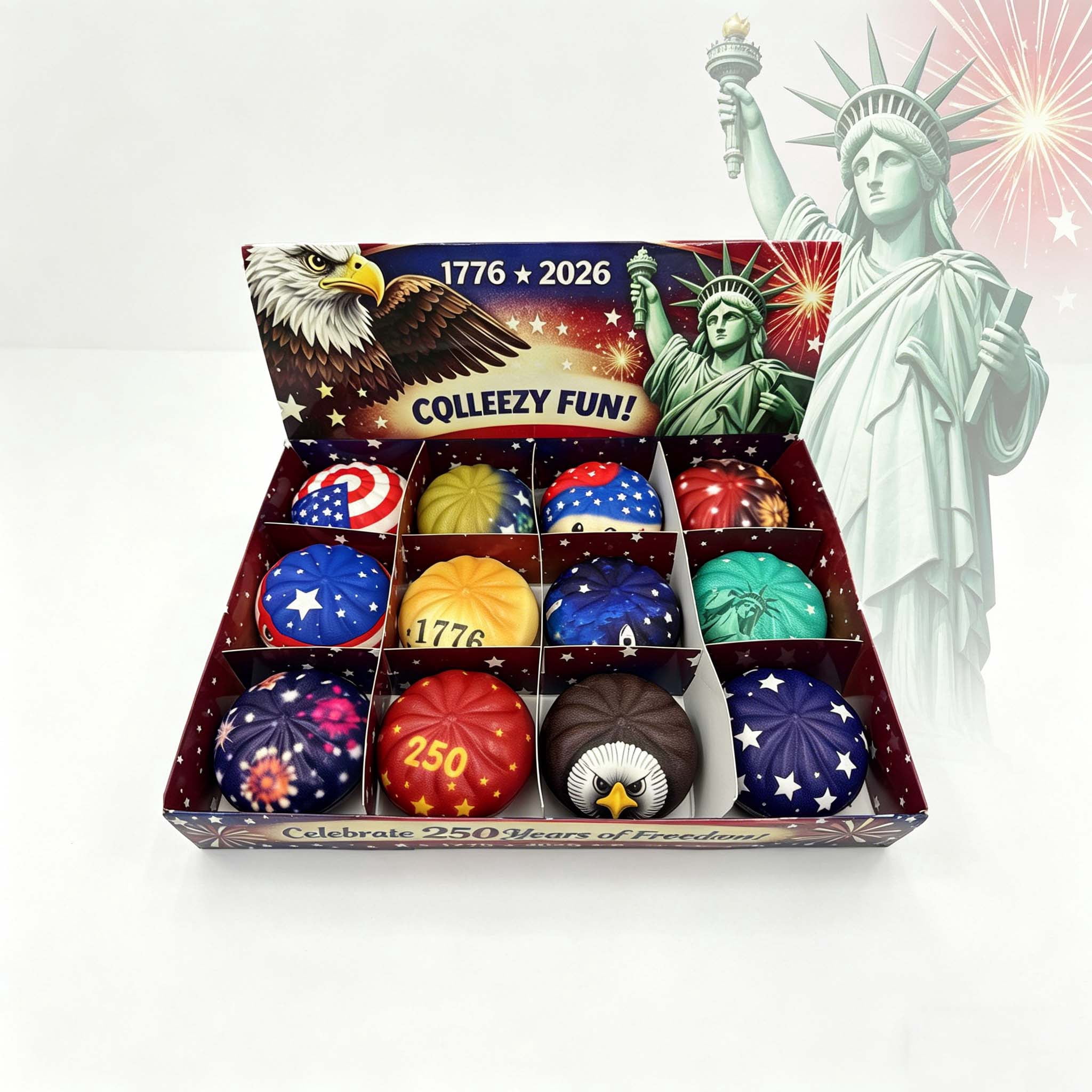 250th Anniversary USA Big Dumpling Squishies Bao Bun Set of 12, Patriotic 4th of July Fidget Stress Balls, Independence Day Gifts for Men Women