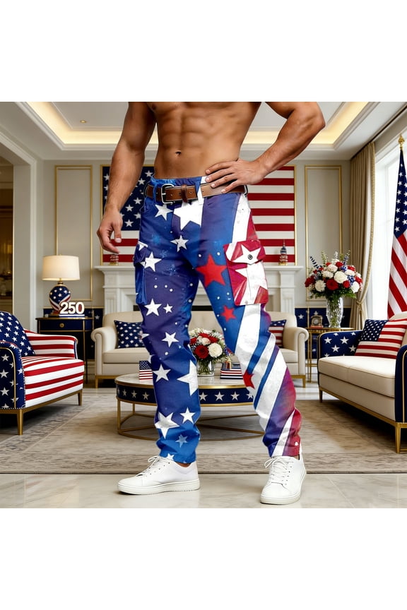 250th Anniversary USA Cargo Pants for Men 4th of July Patriotic Print Pant Streetwear Trousers Blue M
