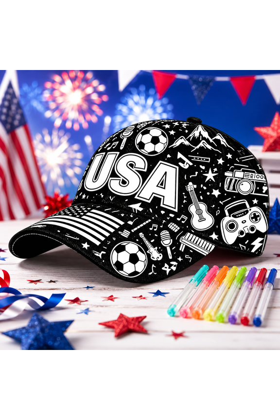 250th Anniversary USA DIY Coloring Baseball Cap, Funny Cap with 24 Markers, Creative Patriotic Craft Gift for Sports Fans, Independence Day Activity