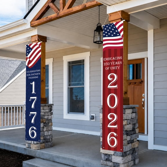 250th Anniversary USA Decorations 1776-2026 Patriotic Door Banners | July 4th Hanging Porch Signs Outdoor, American Flag Vertical Banner for Front Door Decor Porch Sign 2 Pack 12 by 71 Inches