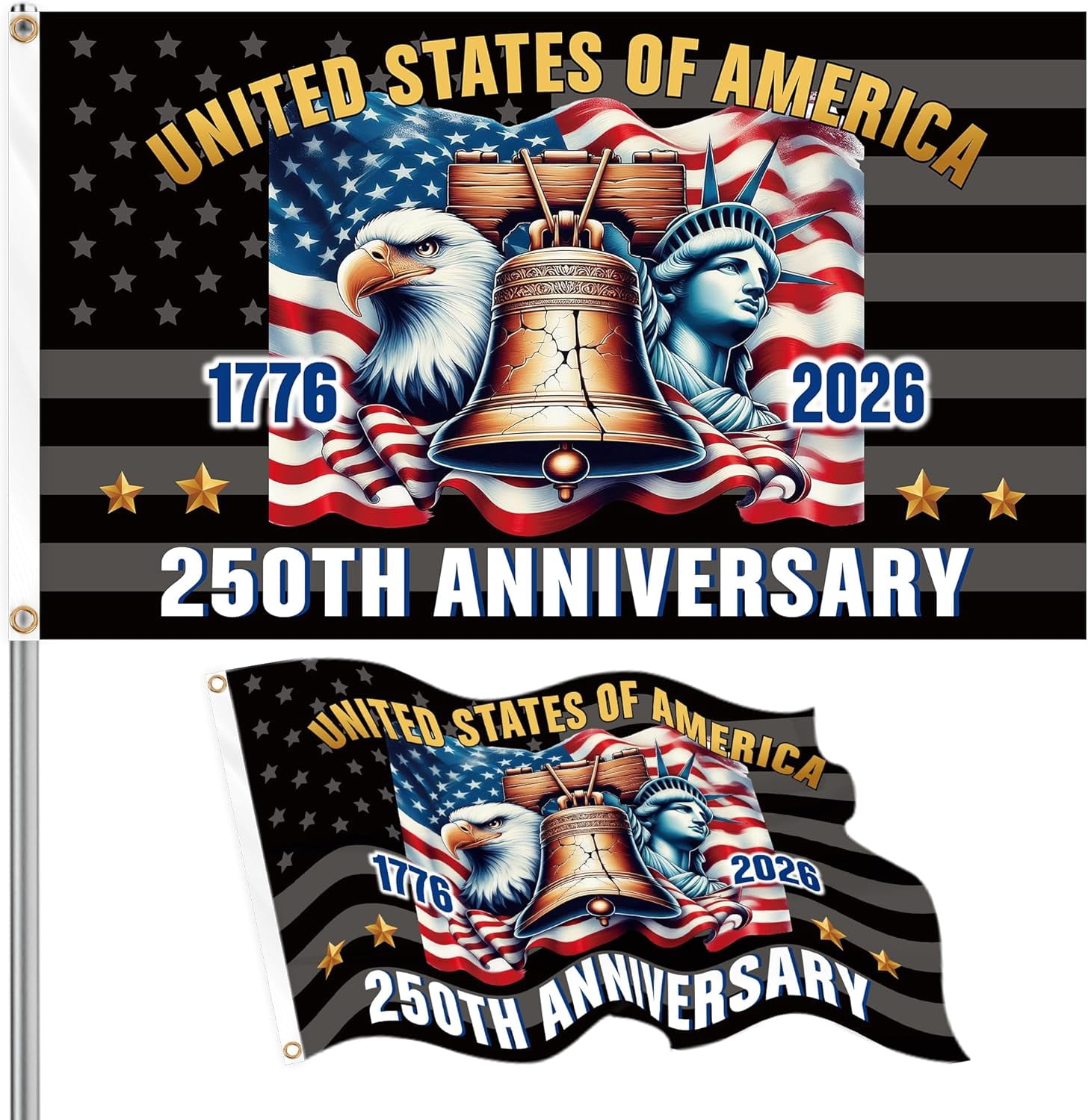 250th Anniversary USA Flag, 1776-2026 Patriotic USA Anniversary 3x5 Ft Style Outdoor Flag, Liberty Bell Eagle Statue of Liberty Design (59" x 35.4")