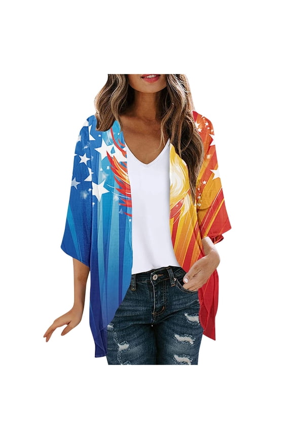 250th Anniversary USA Flag Cardigan for Women Loose Fit 4th of July Kimono Lightweight Chiffon Open Front Blouse Top