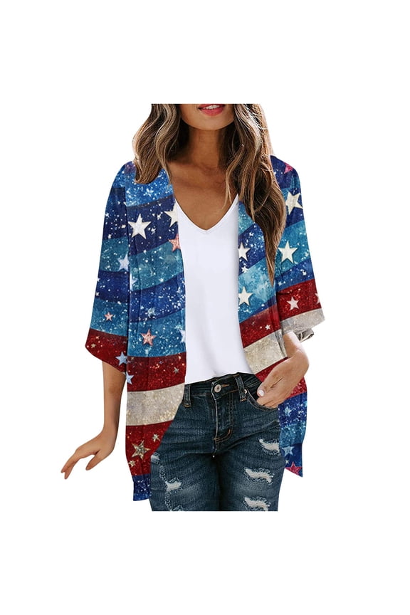 250th Anniversary USA Flag Cardigan for Women Loose Fit 4th of July Kimono Lightweight Chiffon Open Front Blouse Top