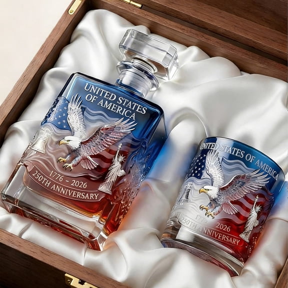 250th Anniversary USA Flag Whiskey Decanter & Glass Set, Bald Eagle & Liberty Symbol Crystal Barware, Patriotic Gifts for Father, Brother, Friend, Family