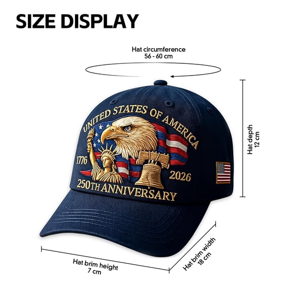 250th Anniversary USA Hat - Adjustable United States 250th Anniversary Hat Retro Embroidered Baseball Cap, Patriotic Design for United States 250 Year Celebration
