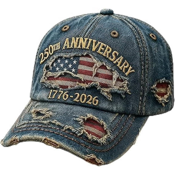 250th Anniversary USA Hat Distressed Denim Hat,250 Year Anniversary Hats Embroidered Patriotic Baseball Cap