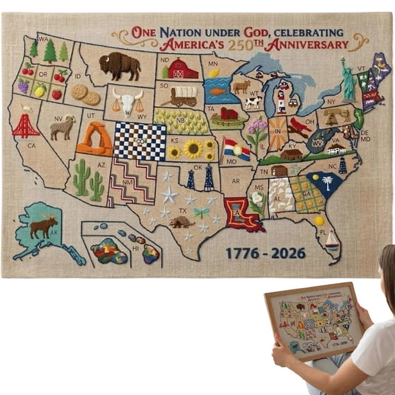 250th Anniversary USA Map Cross Stitch DIY Kit for Adults, All-Inclusive Embroidery Needlepoint Set, Patriotic US Map Wall Art, Unique Commemorative Gift for Crafters