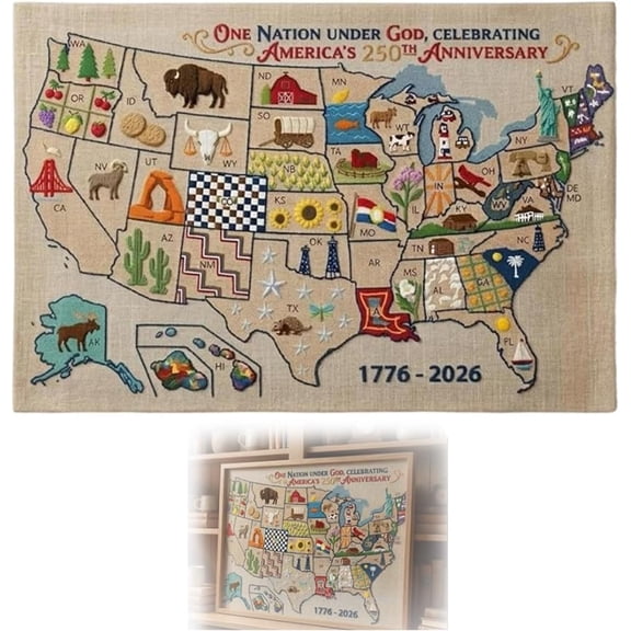 250th Anniversary USA Map Cross Stitch Kit for Adults, Full DIY Embroidery Needlepoint Set, Patriotic US Map Wall Art, Commemorative Craft Gift for Hobbyists