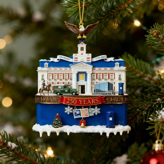 250th Anniversary USA Ornament, USPS-Themed 250th Anniversary Hanging, Blue Building Shaped Patriotic Decor for Collectible, History Lovers and Festive Displays
