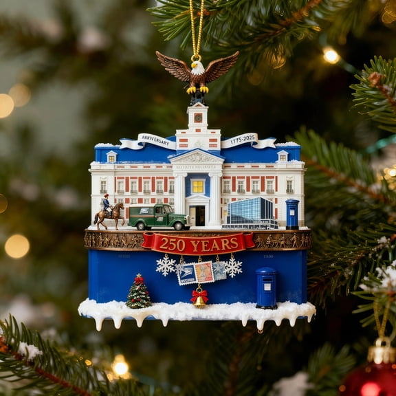 250th Anniversary USA Ornament, USPS-Themed 250th Anniversary Hanging, Blue Building Shaped Patriotic Decor for Collectible, History Lovers and Festive Displays