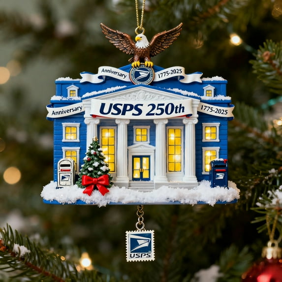 250th Anniversary USA Ornament, USPS-Themed 250th Anniversary Hanging, Blue Building Shaped Patriotic Decor for Collectible, History Lovers and Festive Displays