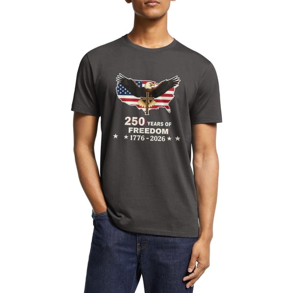 250th Anniversary USA Patriotic Brown Graphic T Shirts for Men, 1776-2026 Flag Short Sleeve Tee with Exquisite Heat Transfer Print - L