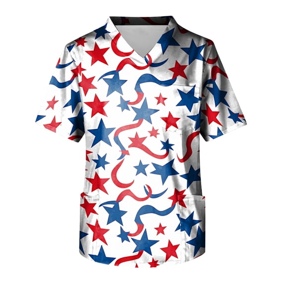 250th Anniversary USA Scrub Tops for Men 4th of July – 3 Pockets, Patriotic, Tailored Fit, Squared V-Neck, 4-Way Stretch, Moisture-Wicking 01-Watermelon Red M