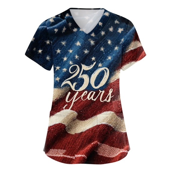 250th Anniversary USA Scrub Tops Women American Flag Print Stretch V Neck Scrubs 4th of July Nurse Working Uniforms with Pockets