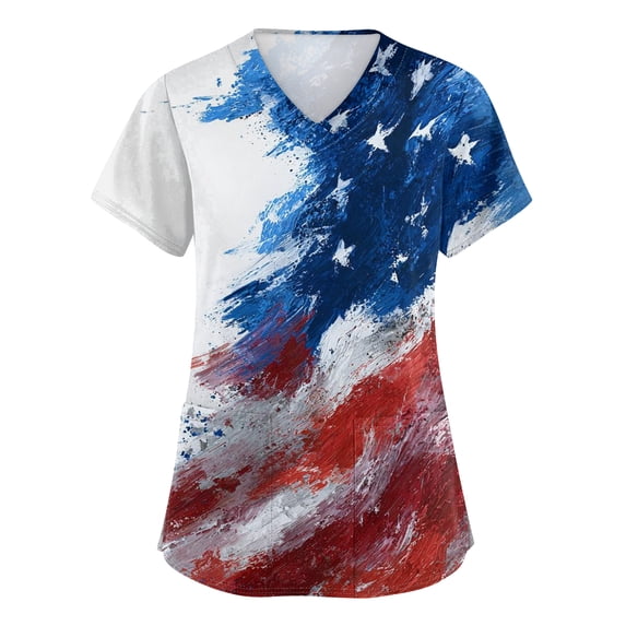 250th Anniversary USA Scrub Tops Women American Flag Print Stretch V Neck Scrubs 4th of July Nurse Working Uniforms with Pockets
