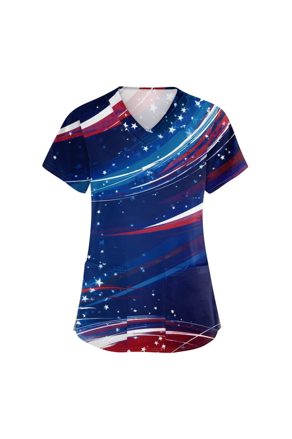 250th Anniversary USA Scrub Tops Women American Flag Print Stretch V Neck Scrubs 4th of July Nurse Working Uniforms with Pockets