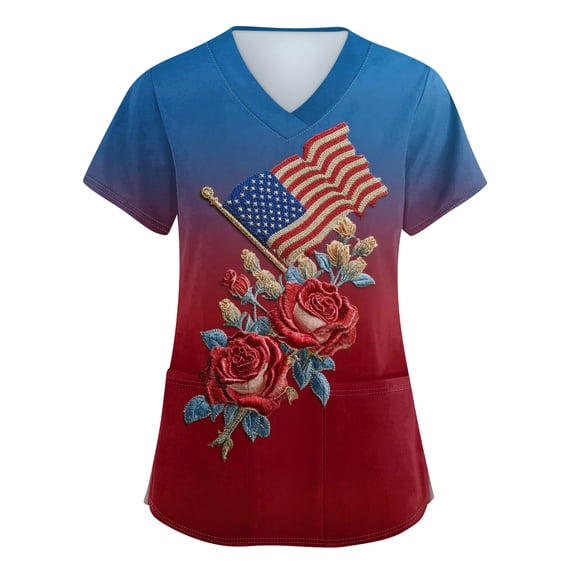 250th Anniversary USA Scrub Tops Women American Flag Print Stretch V Neck Scrubs 4th of July Nurse Working Uniforms with Pockets