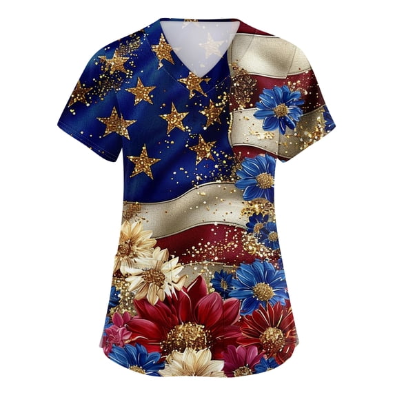 250th Anniversary USA Scrub Tops Women American Flag Print Stretch V Neck Scrubs 4th of July Nurse Working Uniforms with Pockets