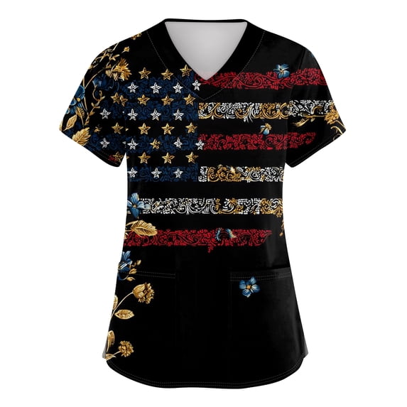 250th Anniversary USA Scrub Tops Women American Flag Print Stretch V Neck Scrubs 4th of July Nurse Working Uniforms with Pockets