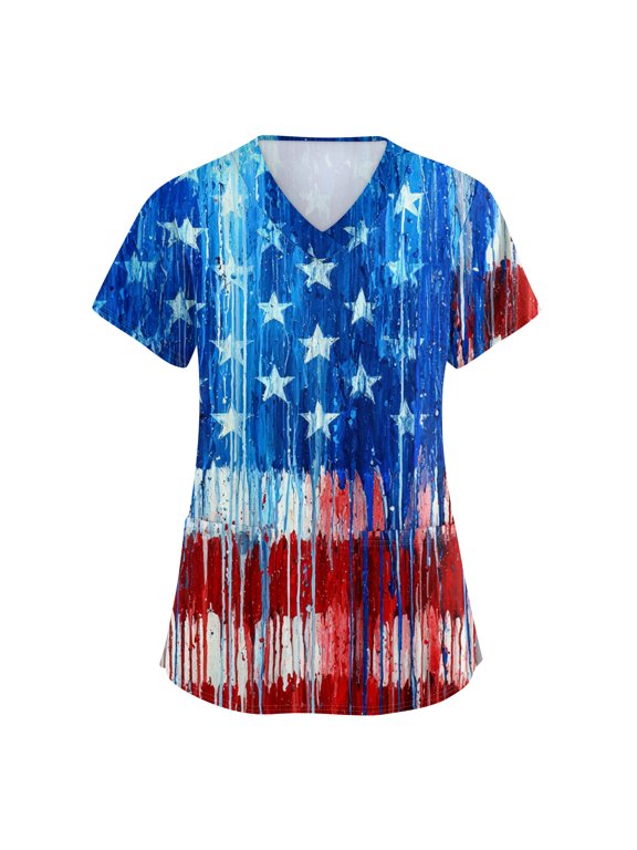 250th Anniversary USA Scrub Tops Women Loose Short Sleeve USA Flag Print Scrubs V Neck Independence Day Patriotic Scrub Shirts Medical Nurse Uniform Nursing Workwear with Pockets, 4XL