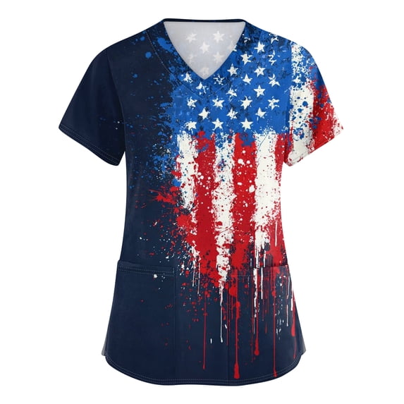 250th Anniversary USA Scrub Tops for Women 1776-2026 Short Sleeve Vneck Stretch Nursing Workwear with 2 Pockets 01-Dark Blue S