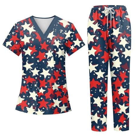 250th Anniversary USA Scrubs Set for Women, 4th of July V-Neck Short Sleeve Top & Pants, Soft Breathable Medical Uniform with Pockets for Nurses & Caregivers 01-Dark Blue XXL